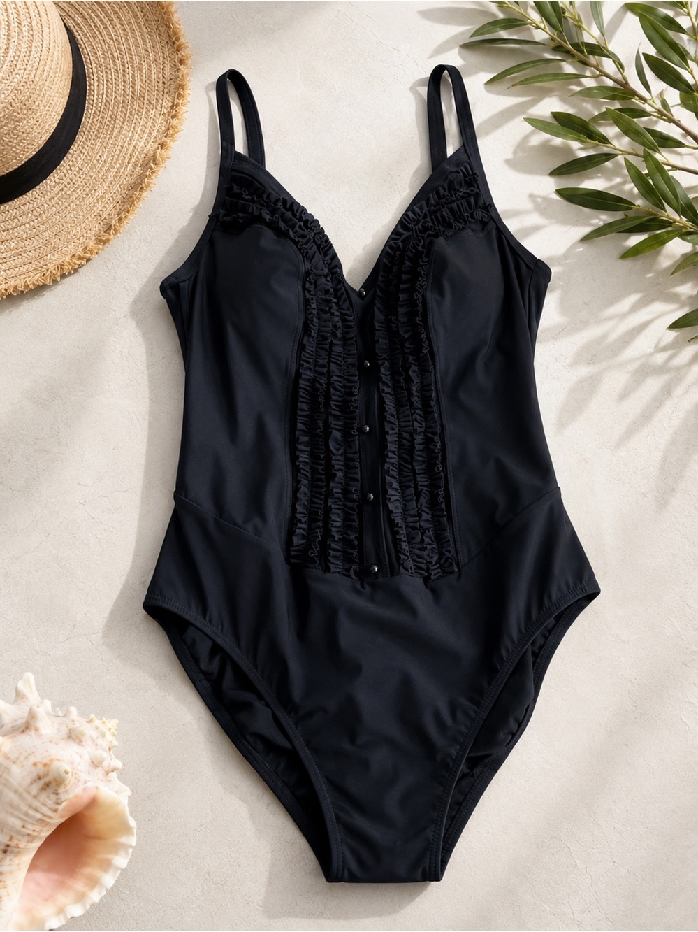 Profile
By Gottex semi sheer ruffle bathing suit one piece black size 10